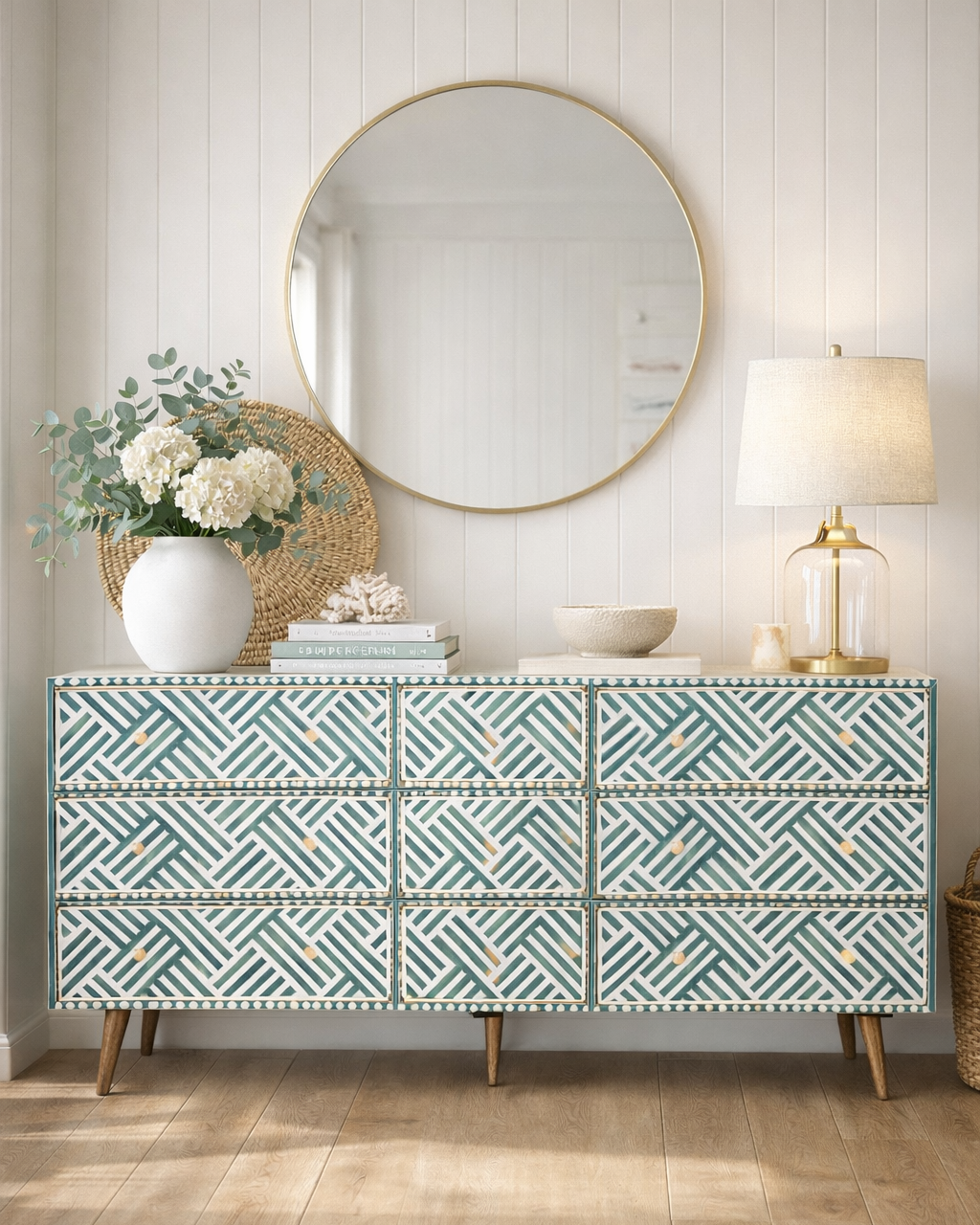 Bone Inlay 9 Drawer Sideboard : Criss Cross : Dark Green