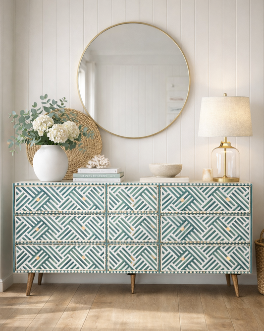 Bone Inlay 9 Drawer Sideboard : Criss Cross : Dark Green