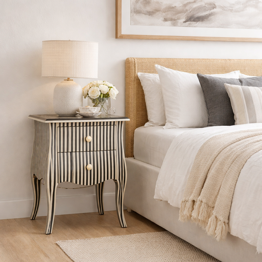 Bone Inlay French 2 Drawer Bedside : Stripe : Black