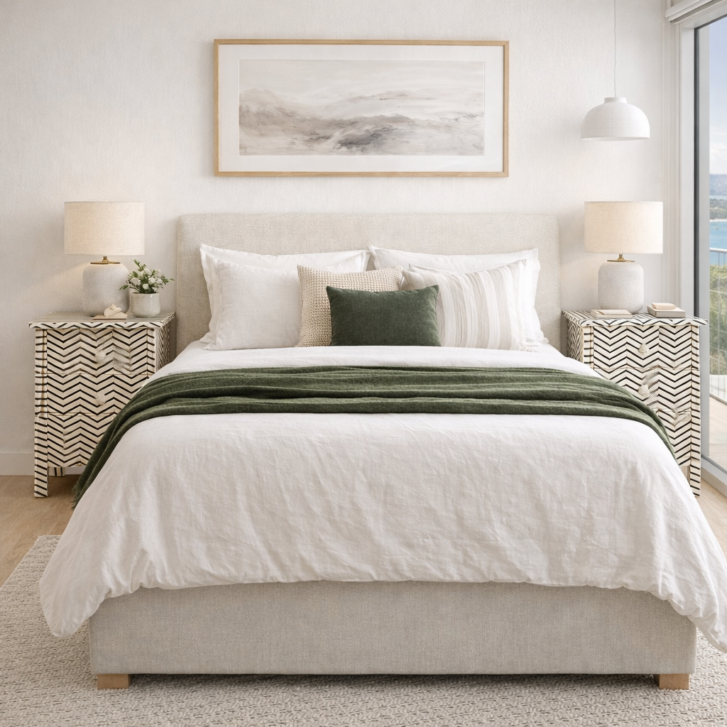 Bone Inlay 3 Drawer Bedside Chest : Zig Zag : Black