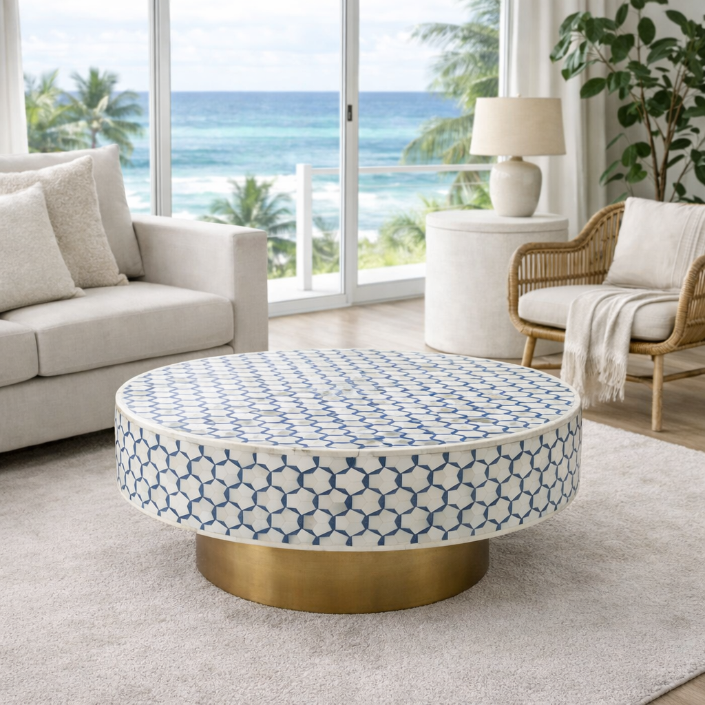 Bone Inlay Round Coffee Table : Tri-Square : Marine Blue