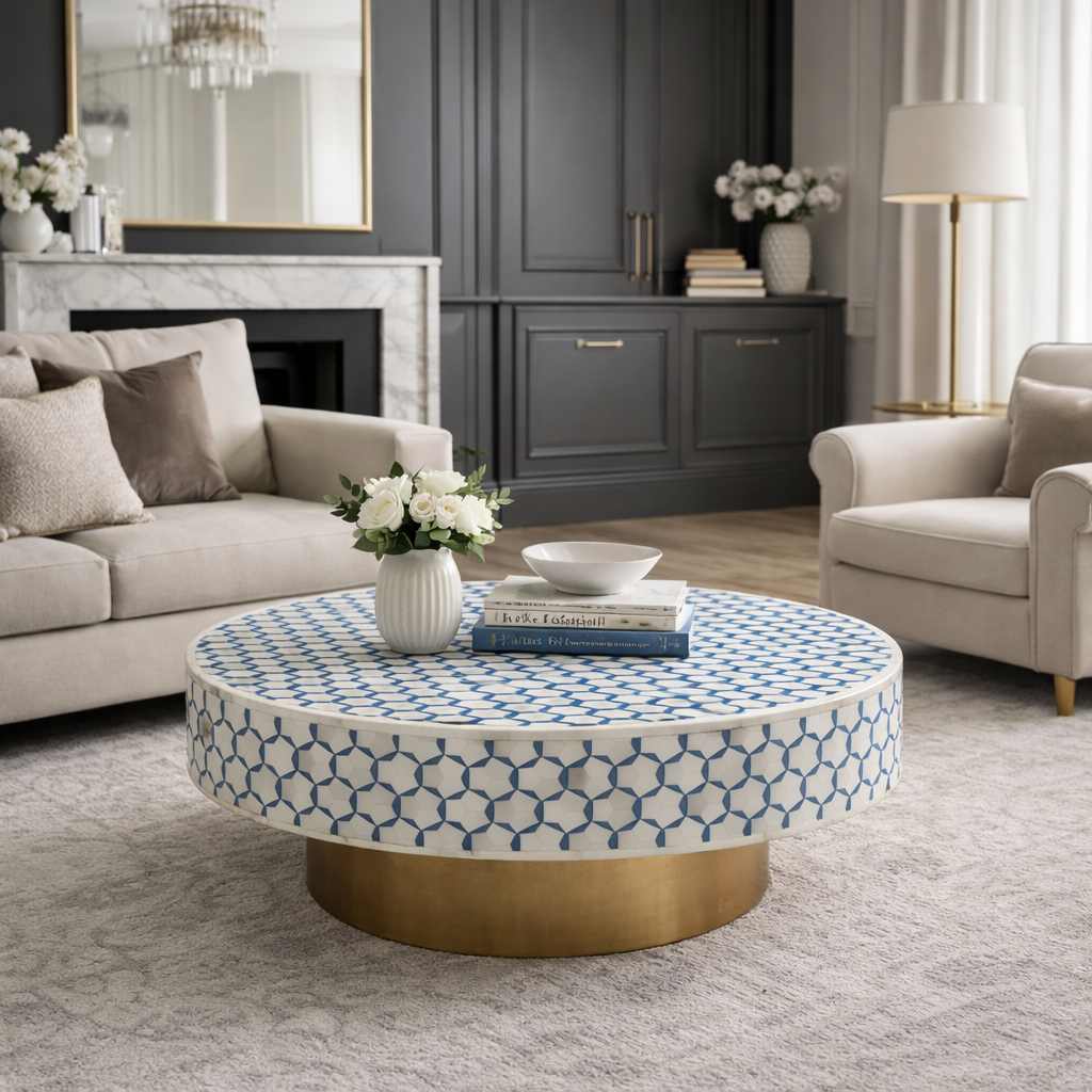 Bone Inlay Round Coffee Table : Tri-Square : Marine Blue
