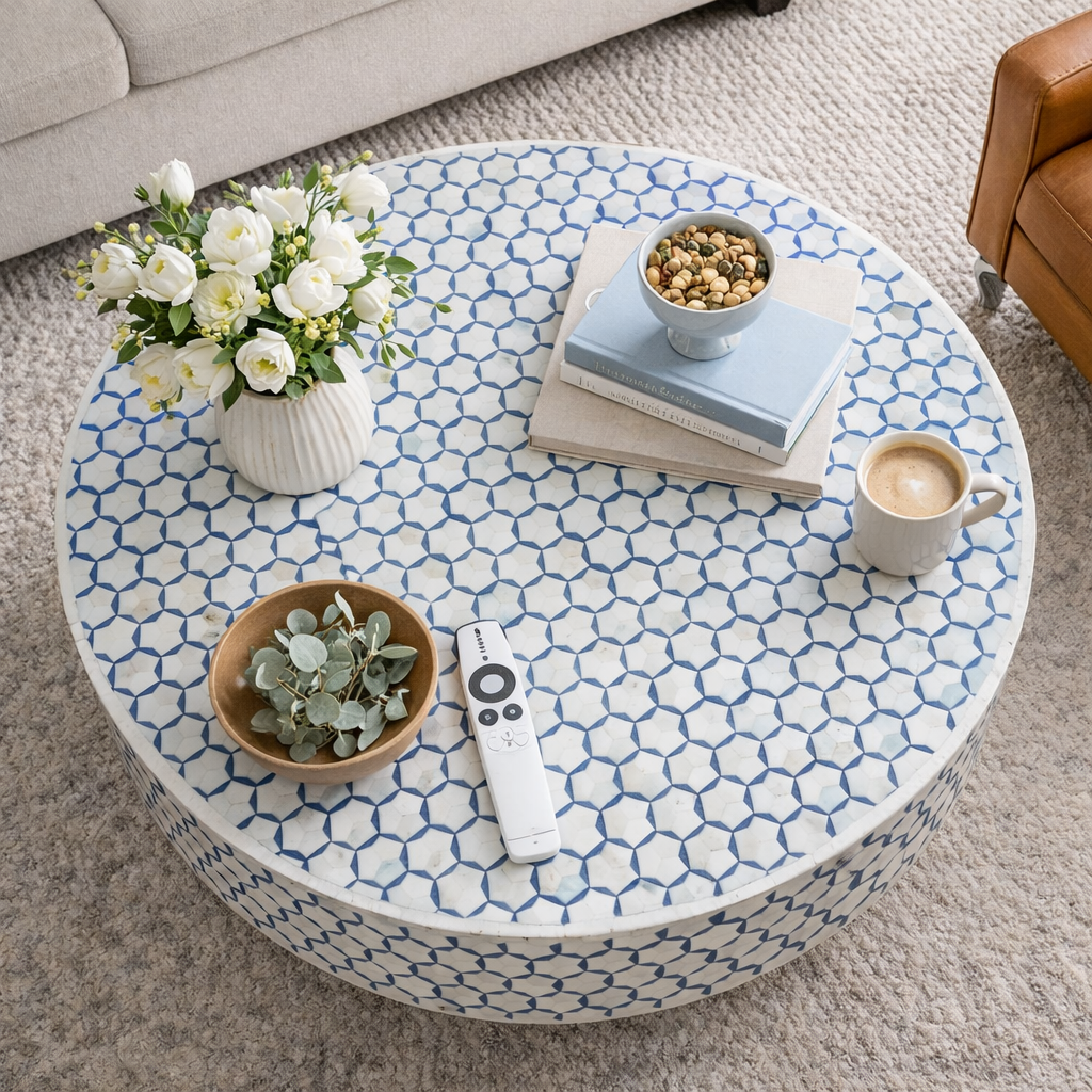 Bone Inlay Round Coffee Table : Tri-Square : Marine Blue
