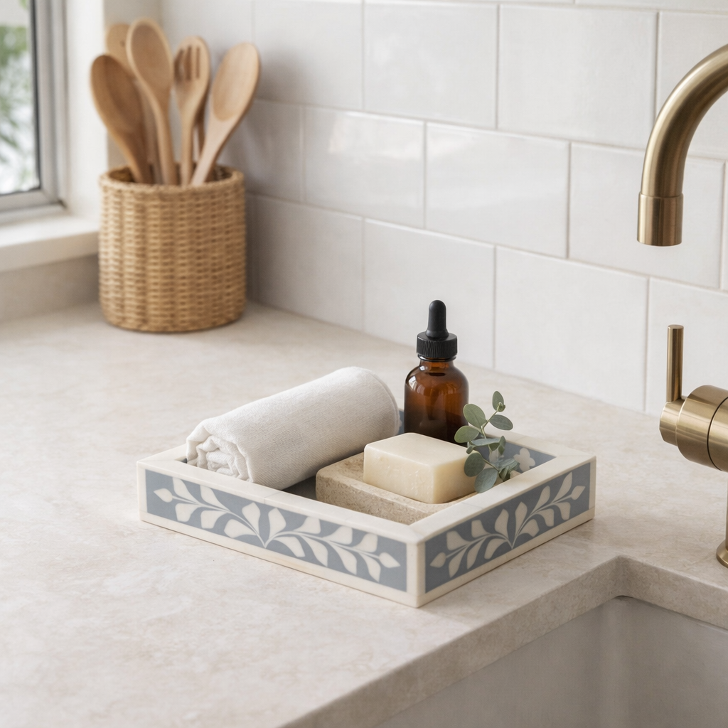 Bone Inlay Mini Tray : Floral : Grey