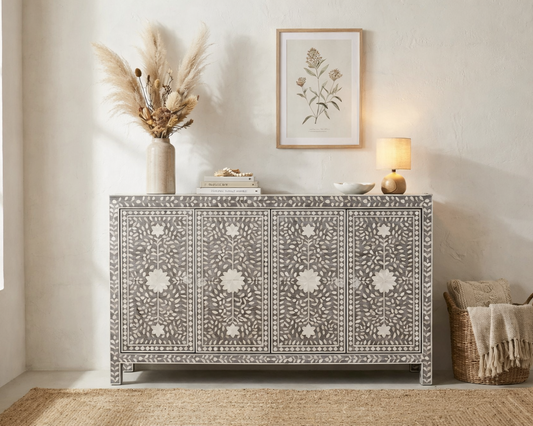 Bone Inlay 4 Door Buffet : Floral : Grey