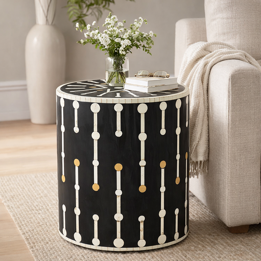 Bone & Brass Inlay Round Side Table : Black