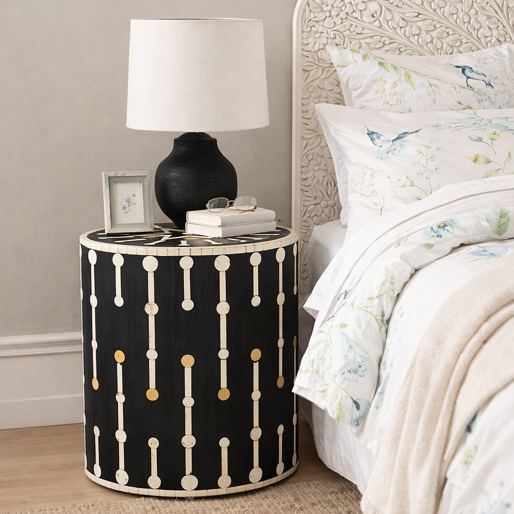 Bone & Brass Inlay Round Side Table : Black