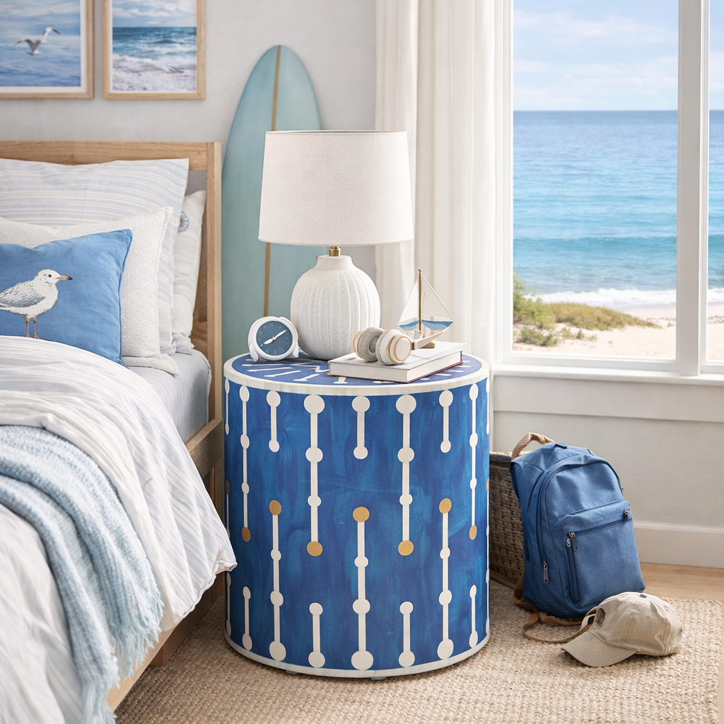 Bone & Brass Inlay Side Table : Blue