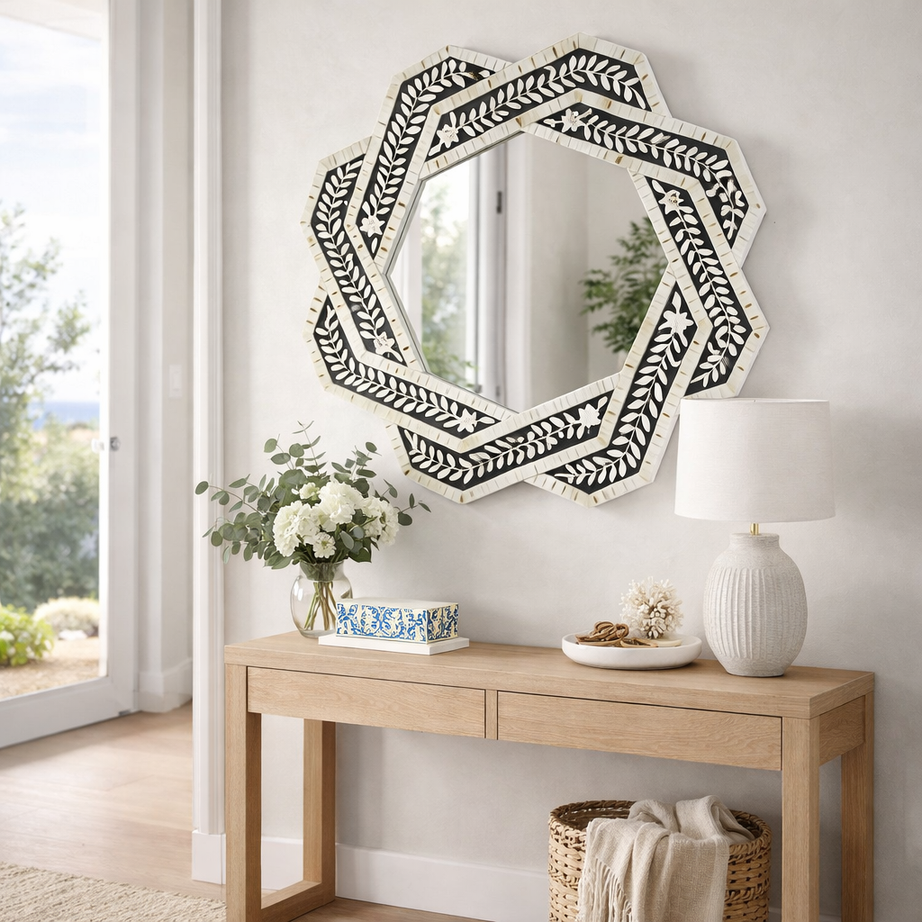 Mother of Pearl Inlay Interwoven Frame Mirror : Floral : Black
