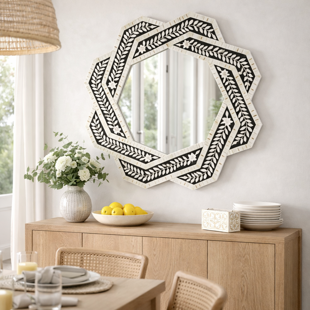 Mother of Pearl Inlay Interwoven Frame Mirror : Floral : Black