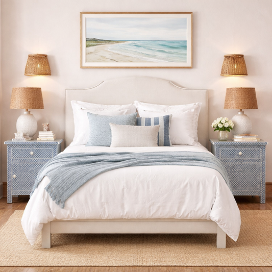Neatly made bed with white bedding and blue throw, flanked by two nightstands with lamps and a beach-themed painting on the wall.