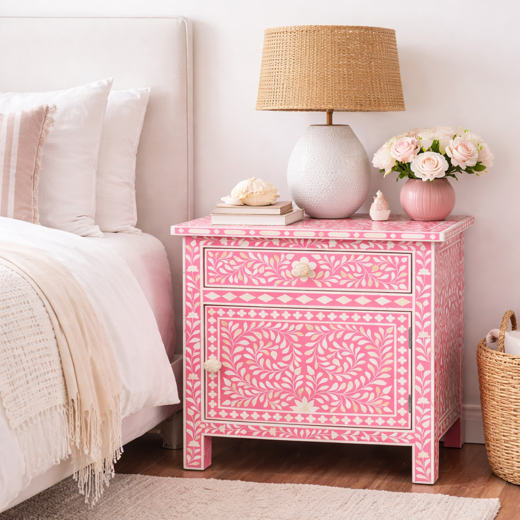 Bone Inlay Large Bedside Cabinet : Liana : Rose