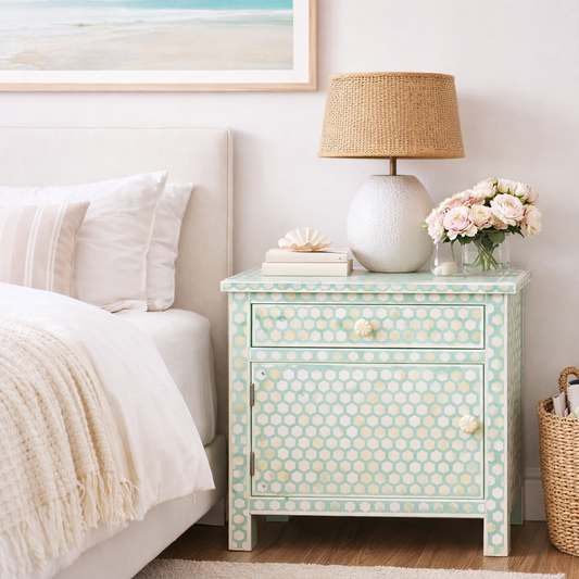 Bone Inlay Large Bedside Cabinet : Abela : Mint Green