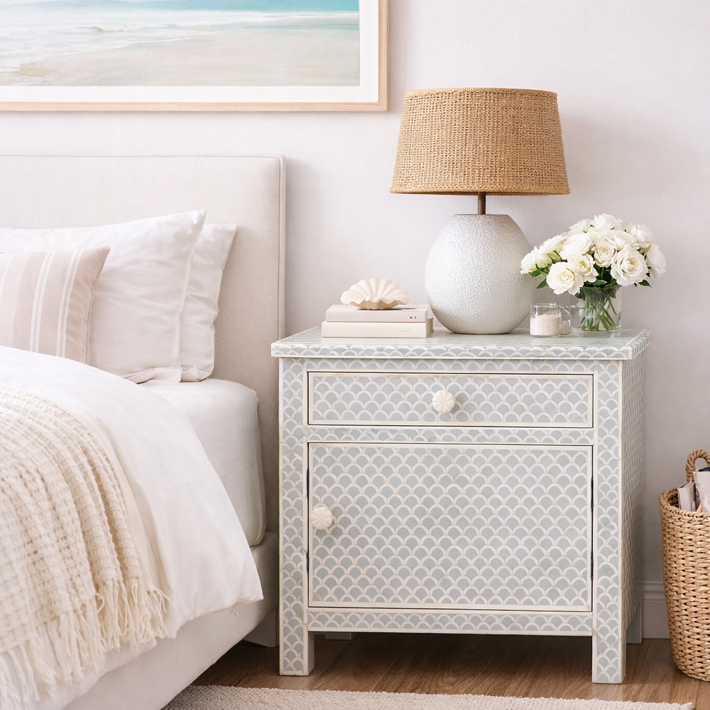 Bone Inlay Large Bedside Cabinet : Scallop : Grey