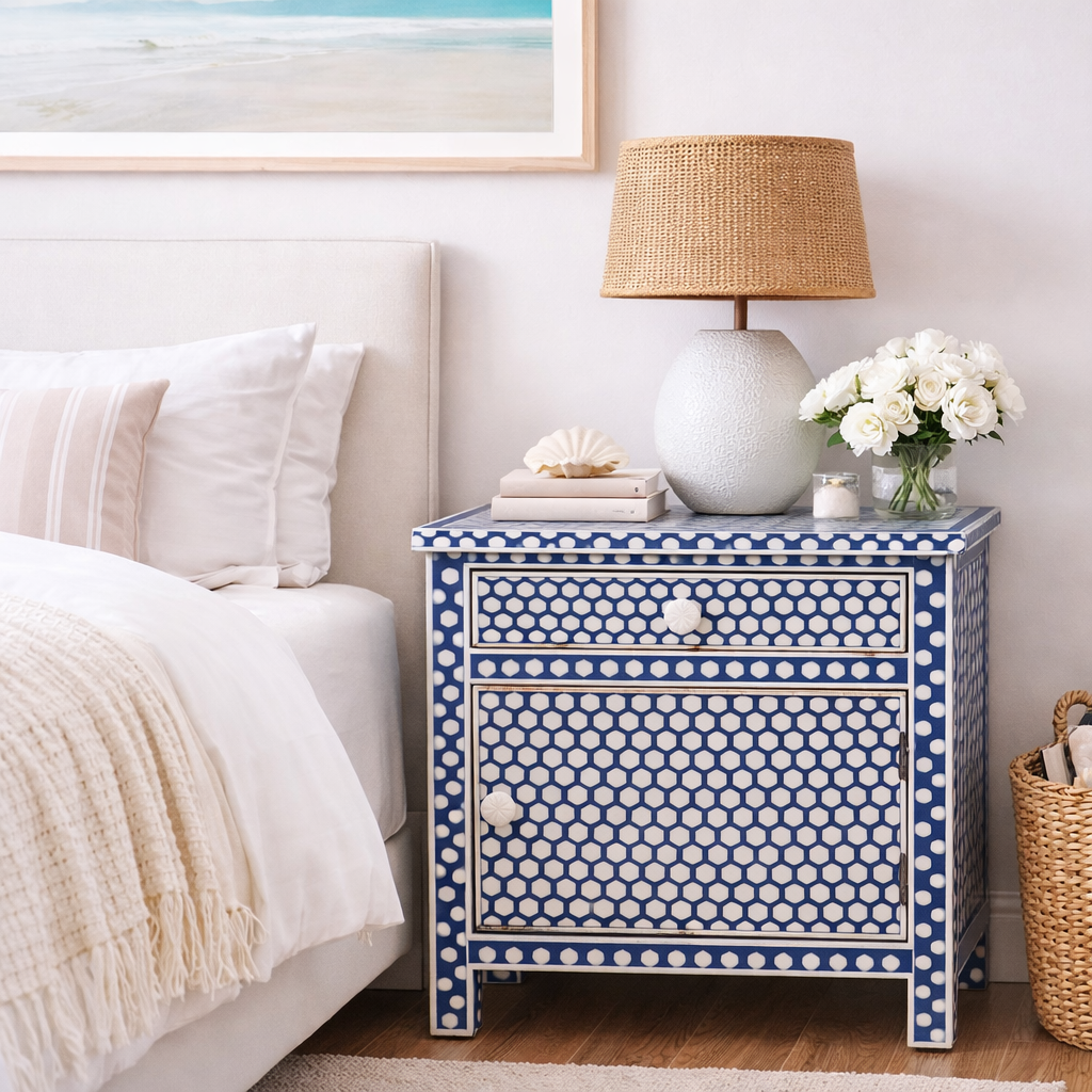 Bone Inlay Large Bedside Cabinet : Abela : Blue