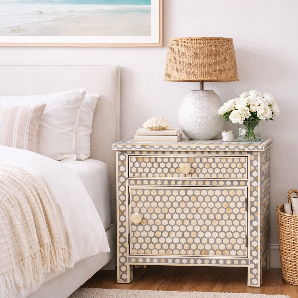 Bone Inlay Large Bedside Cabinet : Abela : Grey