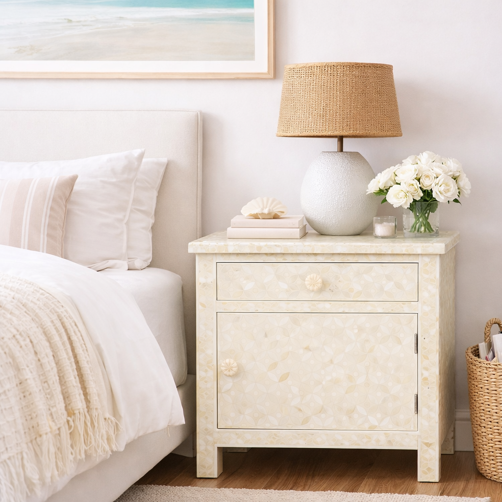 Bone Inlay Large Bedside Cabinet : Starburst : White