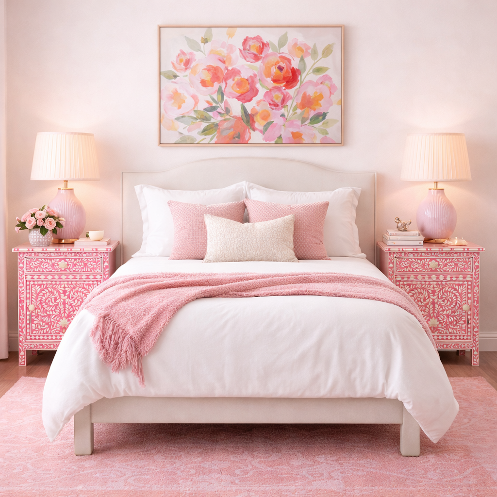 Bone Inlay Large Bedside Cabinet : Liana : Rose