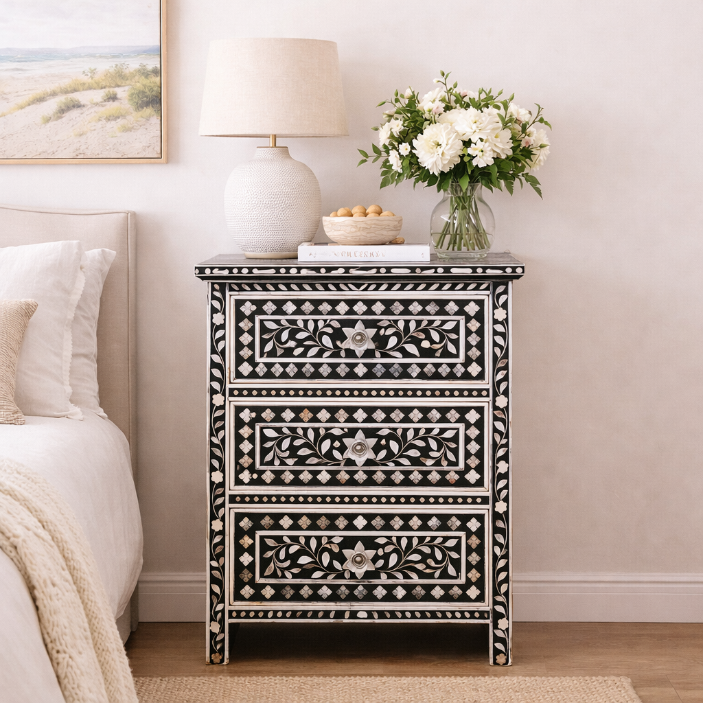 Mother of Pearl Inlay 3 Drawer Bedside Chest : Floral : Black