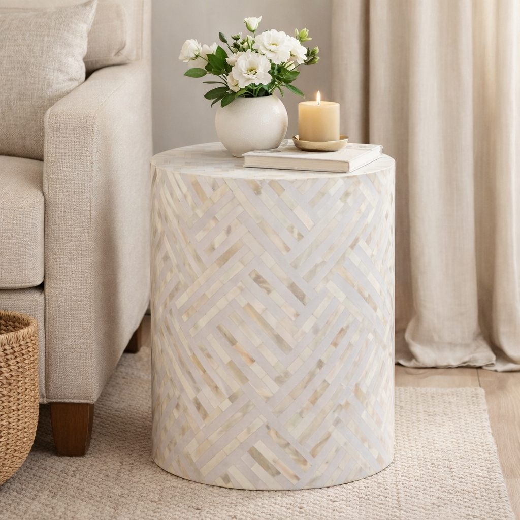 Bone Inlay Lamp Table : Criss Cross : White