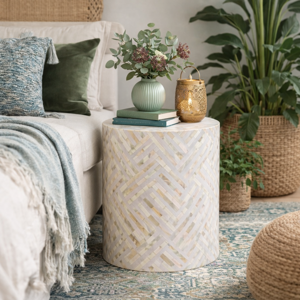 Bone Inlay Lamp Table : Criss Cross : White