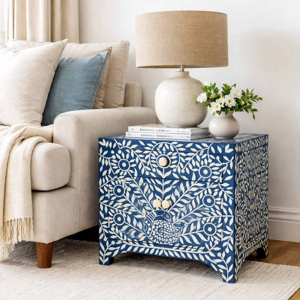 Bone Inlay Peacock Bedside Cabinet/Side Table