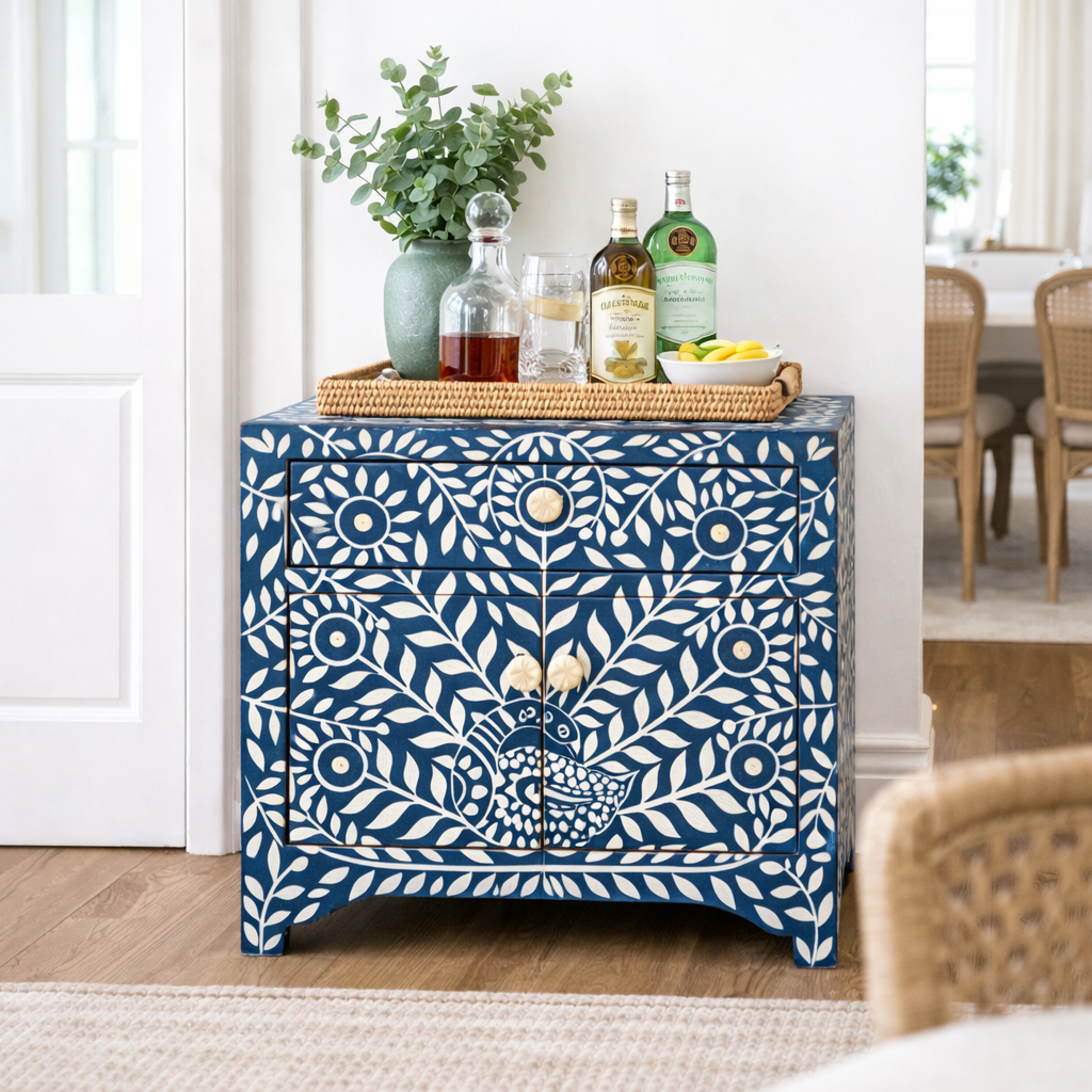Bone Inlay Peacock Bedside Cabinet/Side Table