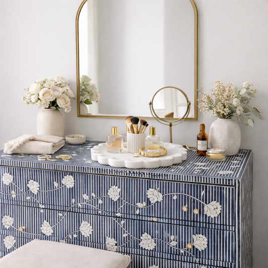 Bone Inlay 3 Drawer Chest : Striped Floral : Blue
