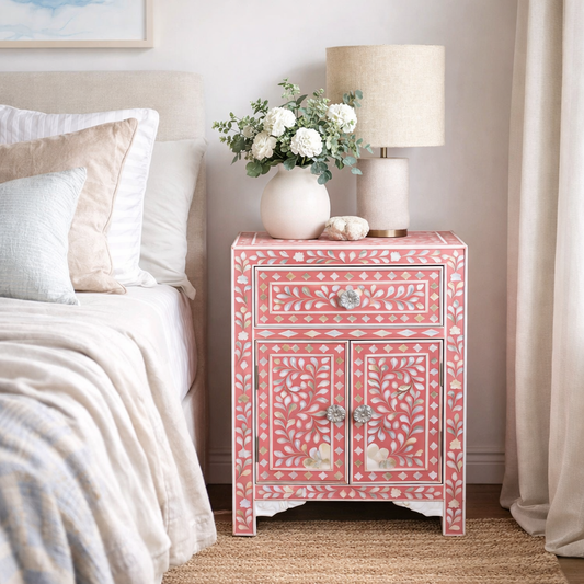 Mother of Pearl Inlay Bedside Cabinet : Floral : Fuchsia (Clearance)