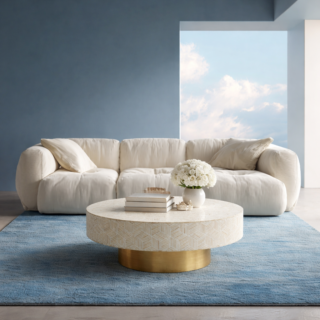 Bone Inlay Round Coffee Table : Criss Cross : White