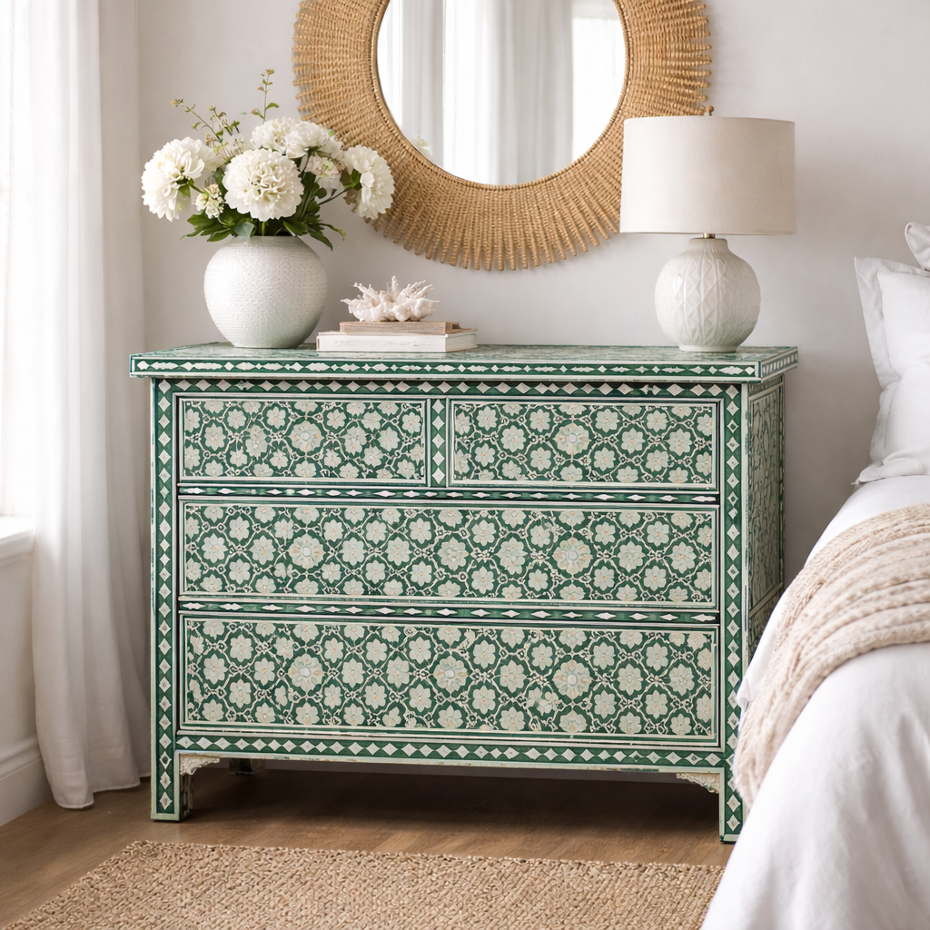 Bone Inlay 4 Drawer Chest : Hexafloral : Green