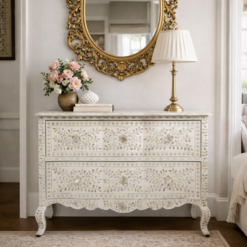 Mother of Pearl Inlay French 2 Drawer Chest : Floral : White