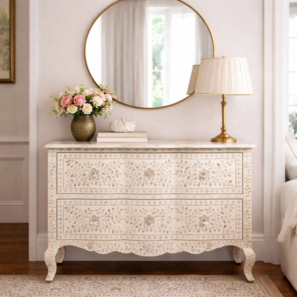 Mother of Pearl Inlay French 2 Drawer Chest : Floral : White