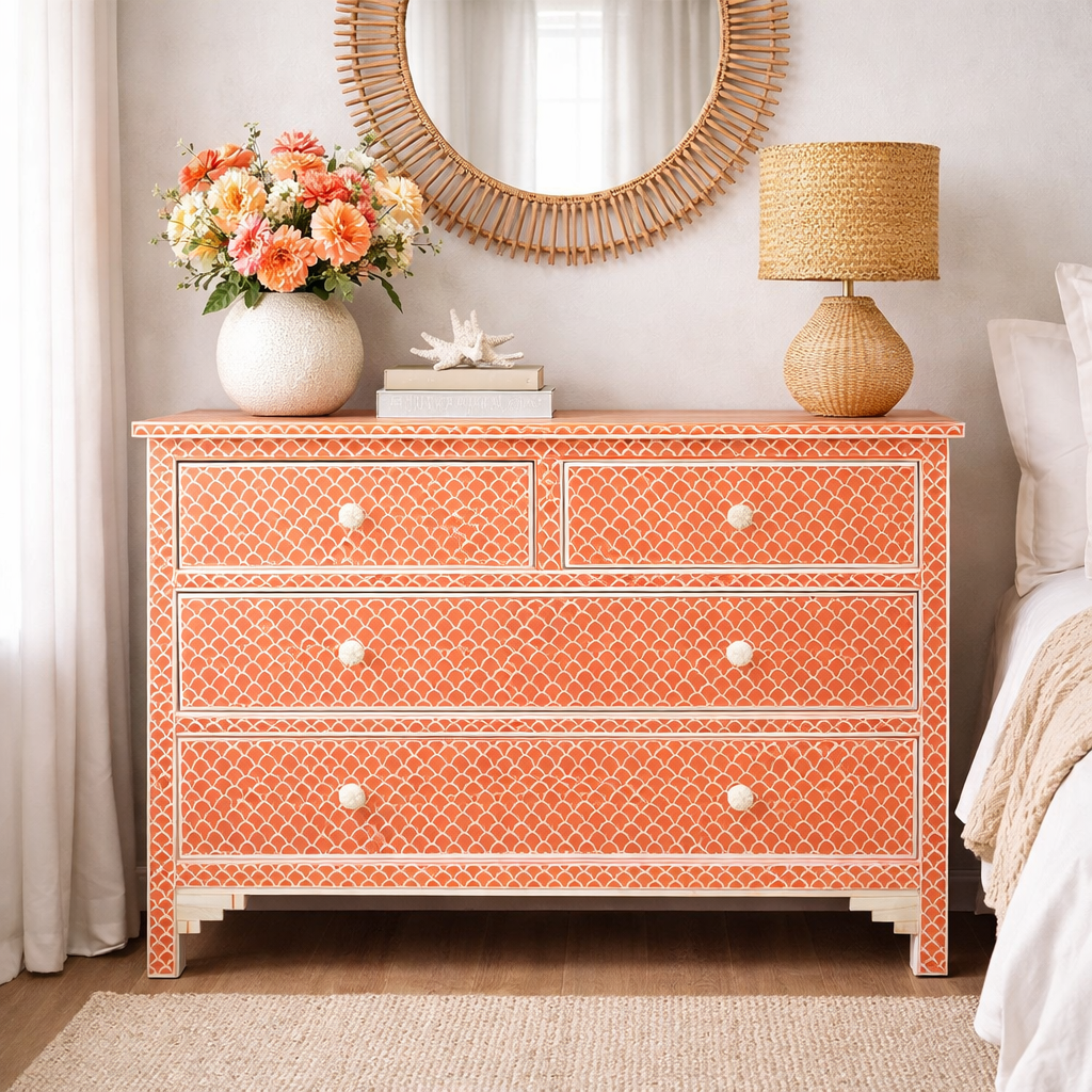 Bone Inlay 4 Drawer Chest : Scallop : Tangerine