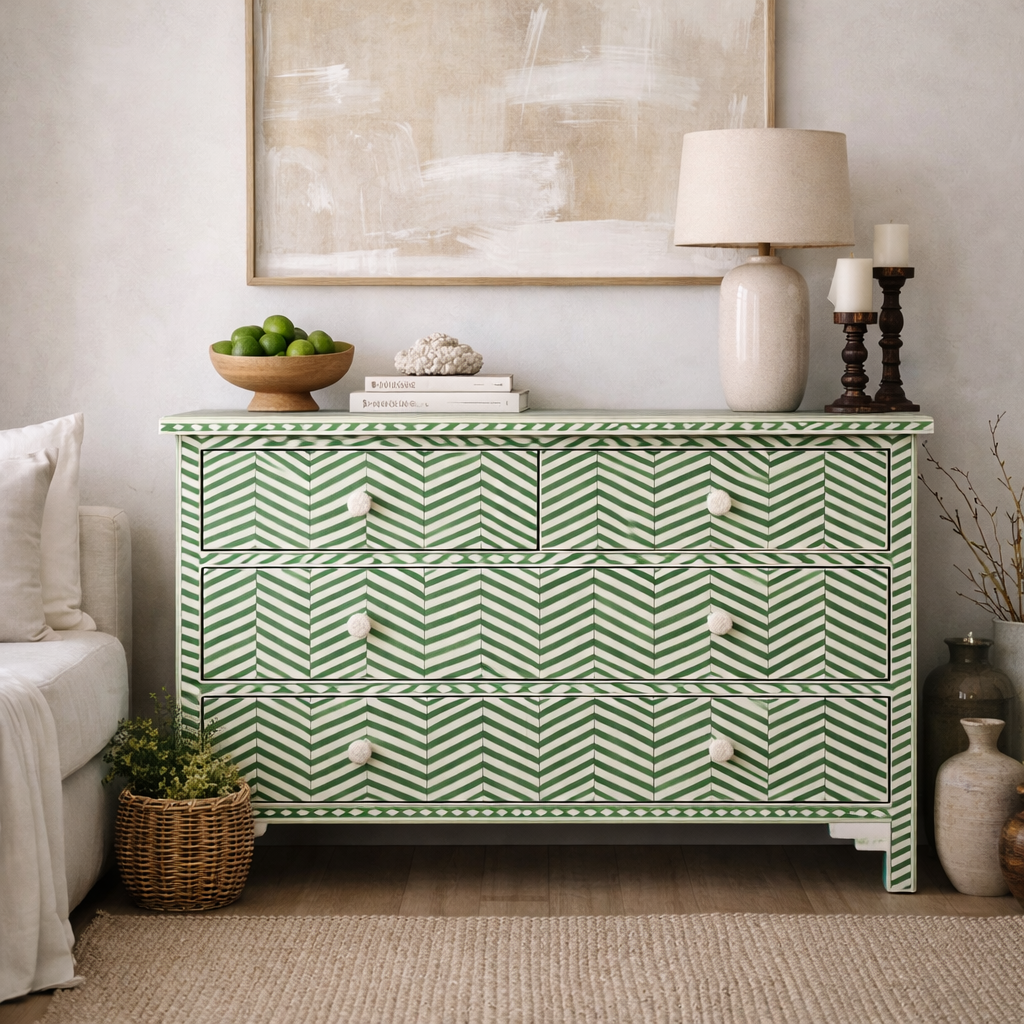 Bone Inlay 4 Drawer Chest : Zig Zag : Leaf Green