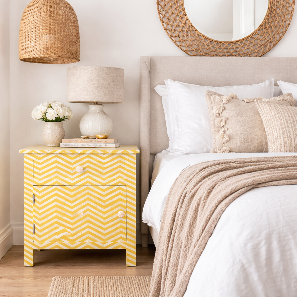Bone Inlay Large Bedside Cabinet : Zig Zag : Gold