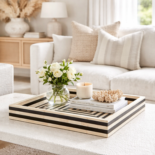 Bone Inlay Square Tray : Stripe : Black