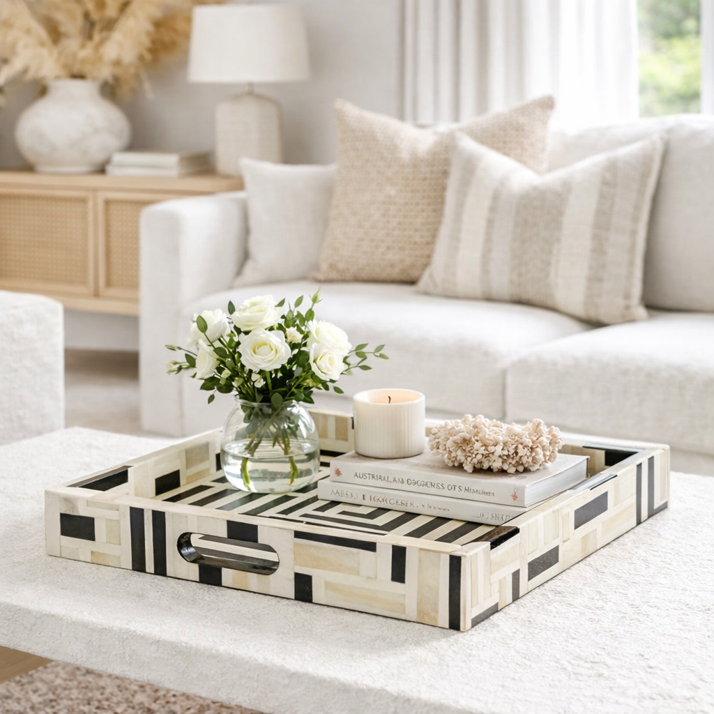Bone Inlay Rectangular Tray : Interlock : Black & White