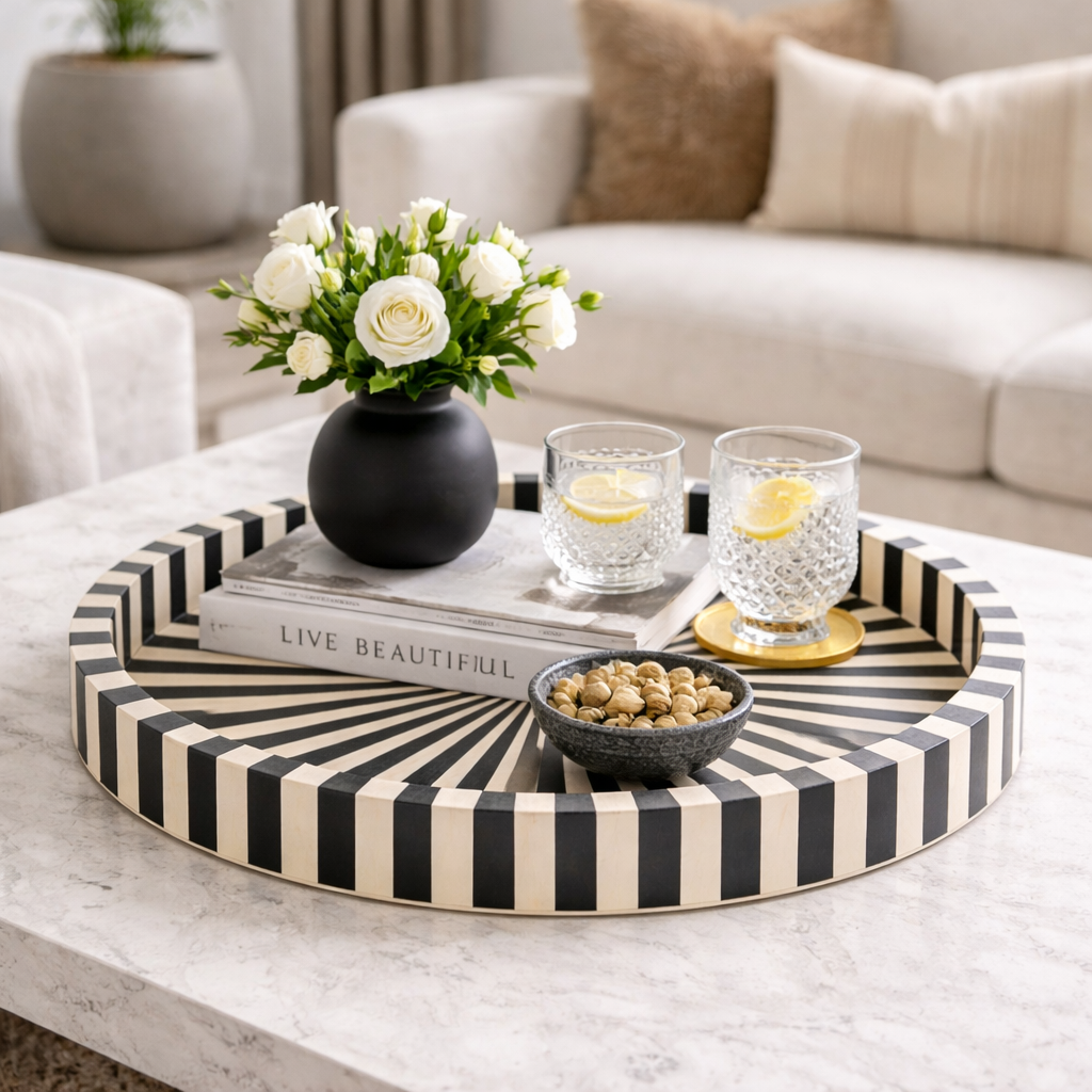 Bone Inlay Round Tray : Sunburst : Black