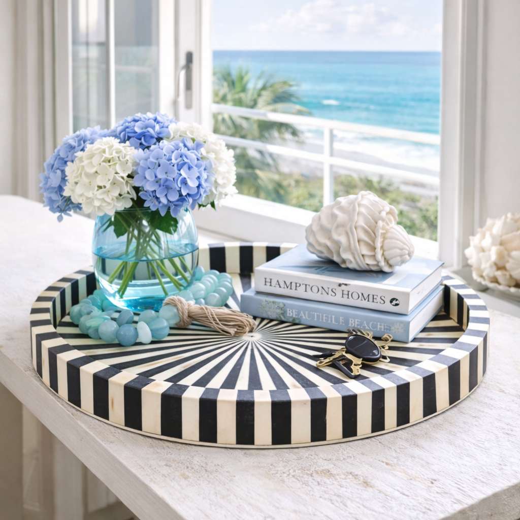 Bone Inlay Round Tray : Sunburst : Black