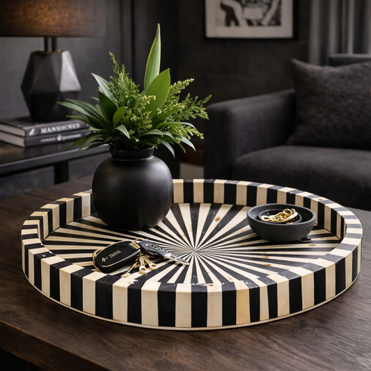 Bone Inlay Round Tray : Sunburst : Black