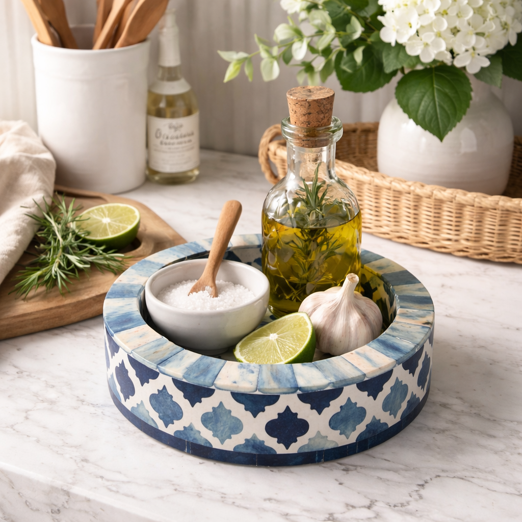 Dyed Bone Inlay Round Tray : Moroccan : Blue