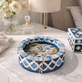 Dyed Bone Inlay Round Tray : Moroccan : Blue