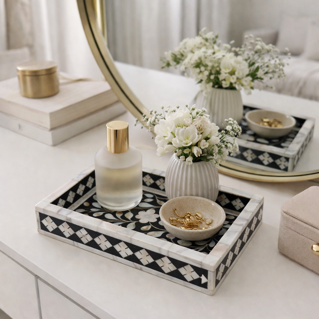 Decorative tray with a bottle, flowers, and jewelry on a vanity table.