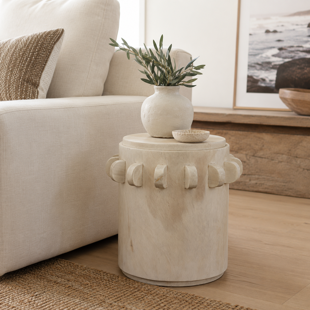 Bantu Timber Sculptural Stool or Side Table : White Wash
