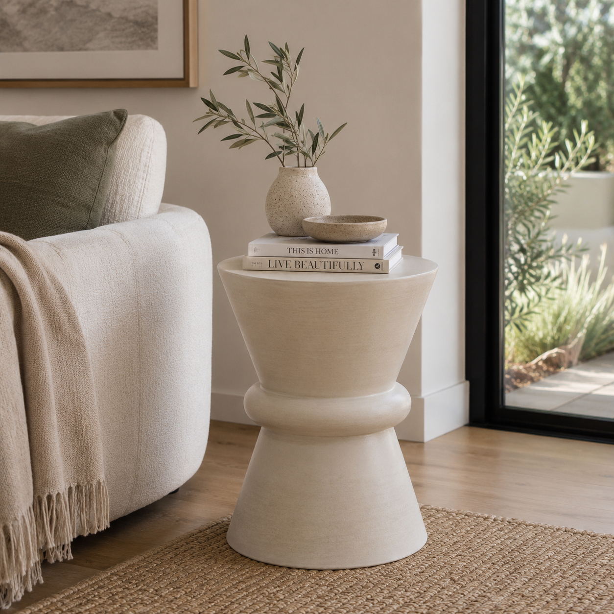 Hourglass Timber Sculptural Stool or Side Table : White Wash