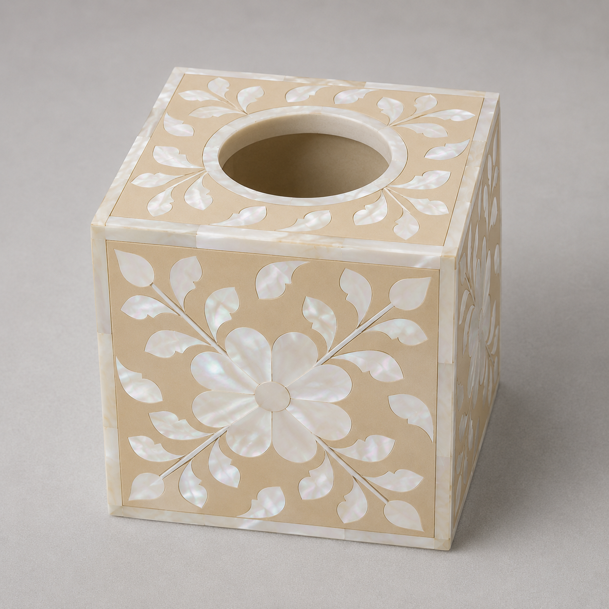 Mother of Pearl Inlay Small Tissue Holder : Floral : Sand