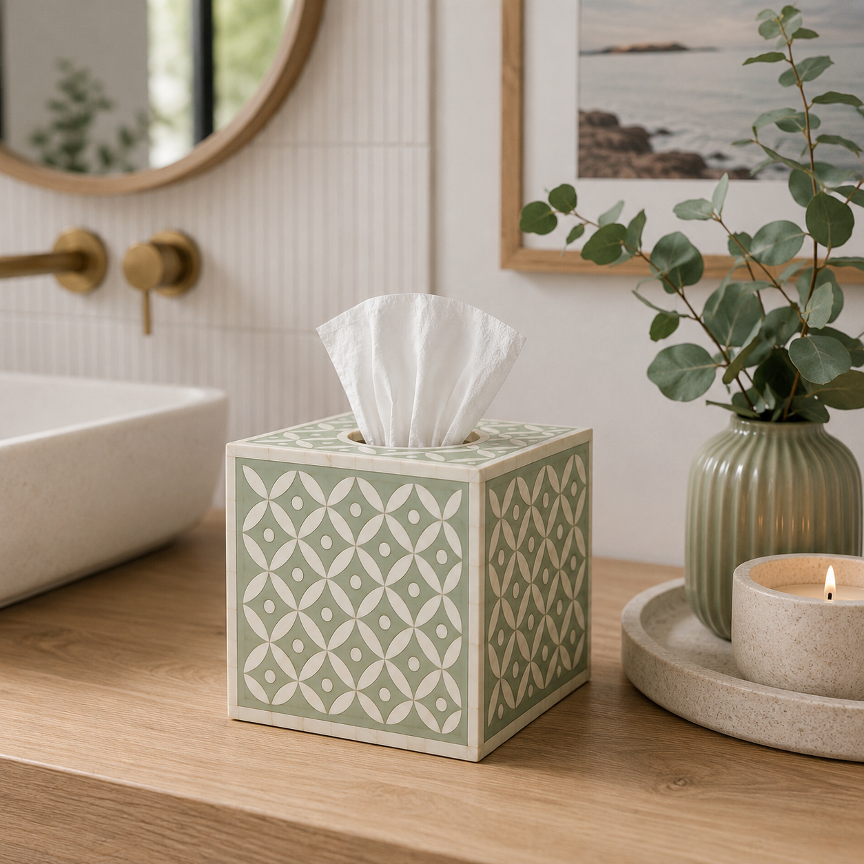 Bone Inlay Small Tissue Holder : Starburst : Sage