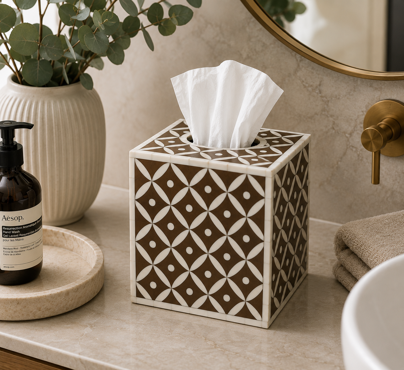 Bone Inlay Small Tissue Holder : Starburst : Chocolate