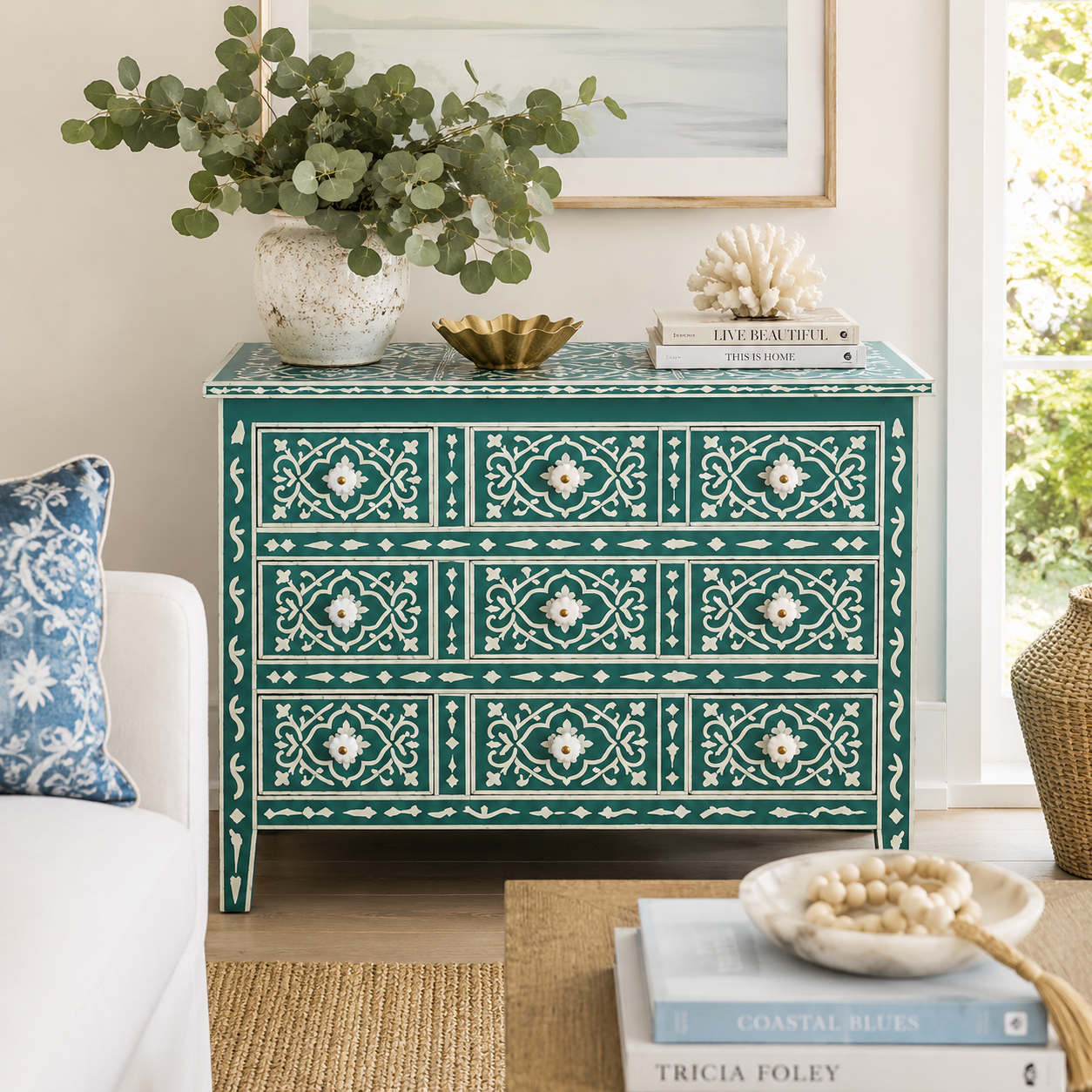 Bone Inlay 6 Drawer Chest : Damask : Teal